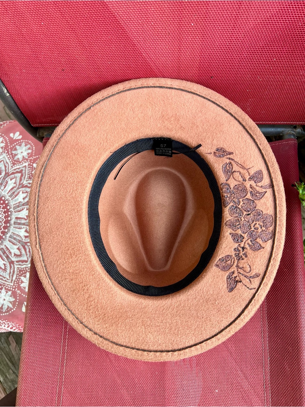 HAND BURNED BROWN FELT RANCHER HAT with FEATHER TRIM - Picture 6 of 13